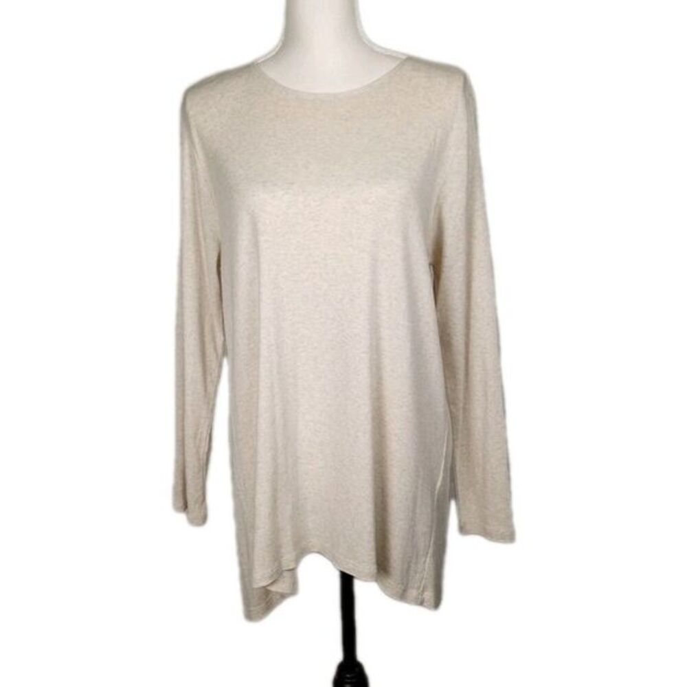 J Jill Pima Cotton Crew Neck Tunic Tee Beige Medium P Long Sleeve Minimalist EUC